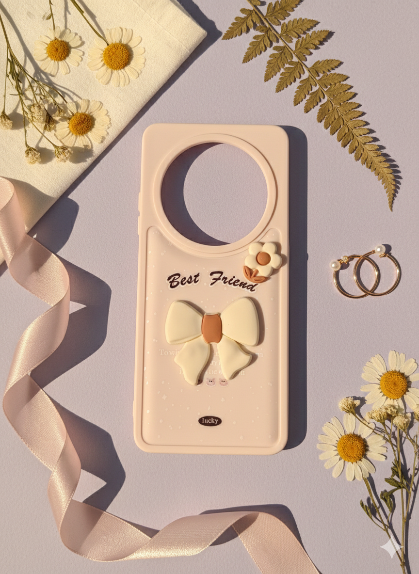 Poco C75 Silicone Case – 3D Bowknot & Flower Charm "Best Friend" Design