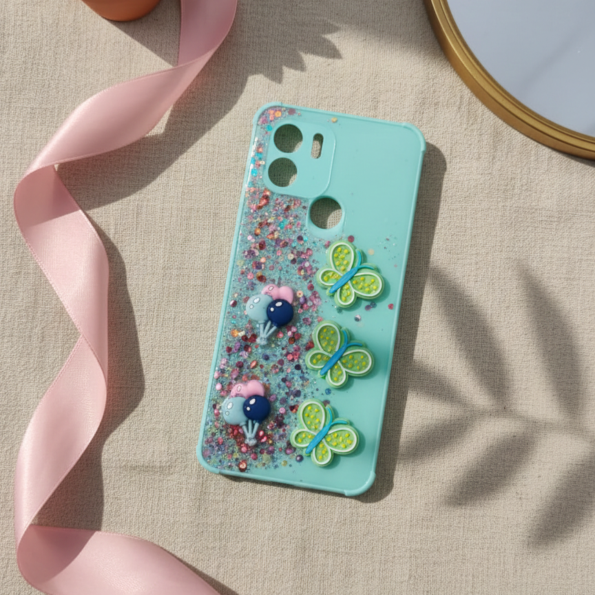 Redmi A2+ Glitter Phone Case - Kawaii Butterfly & Fruit Design