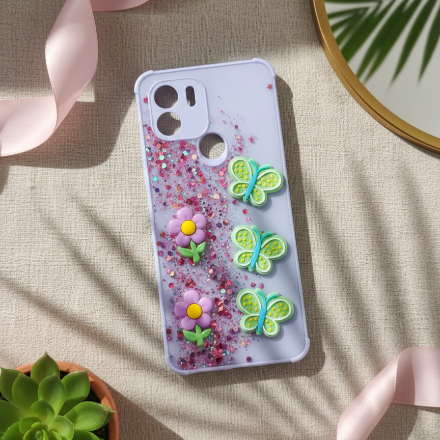 Redmi A2+ Glitter Phone Case - Kawaii Butterfly & Fruit Design