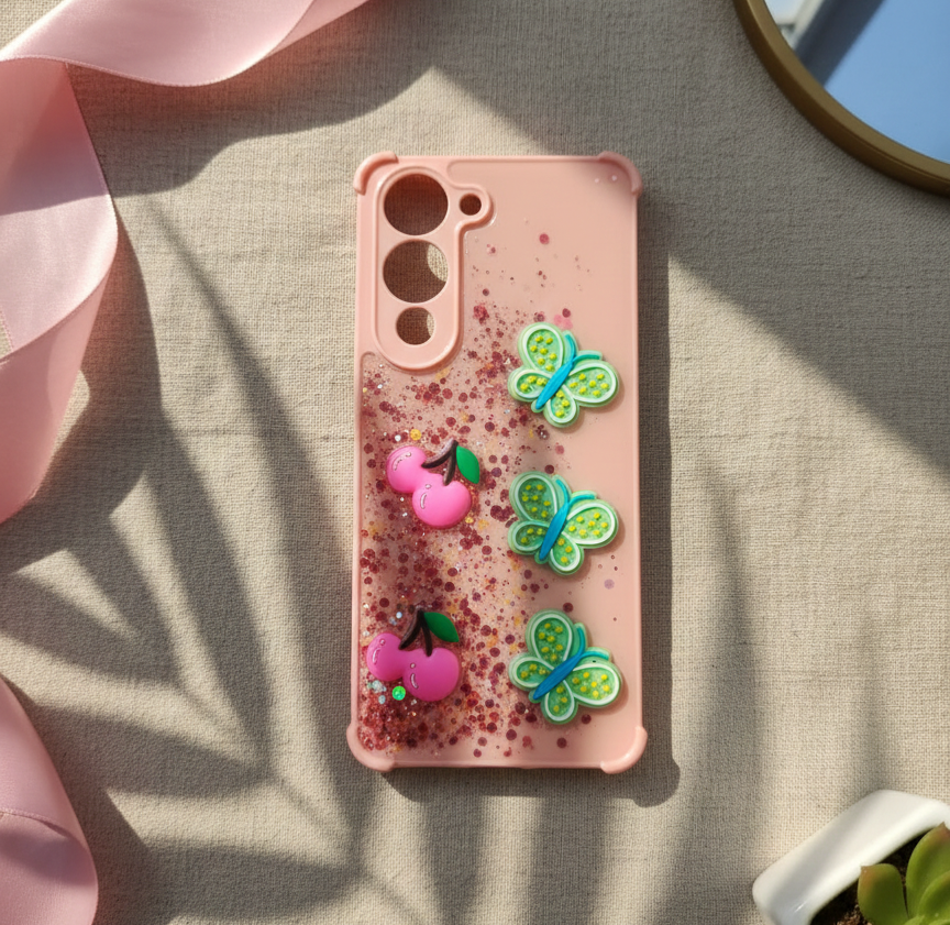 Vivo Y04 Kawaii Glitter 3D Charm Phone Case - Butterfly & Fruit Design