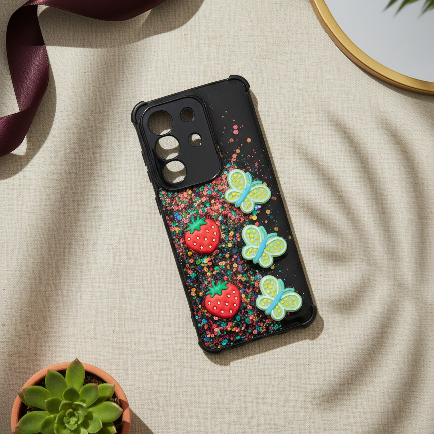 Vivo Y29 4G Glitter Phone Case - Kawaii Butterfly & Fruit Design