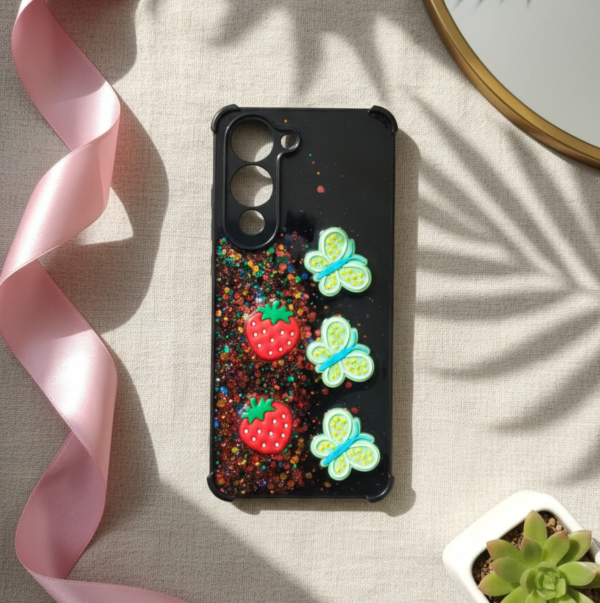 Vivo Y04 Kawaii Glitter 3D Charm Phone Case - Butterfly & Fruit Design