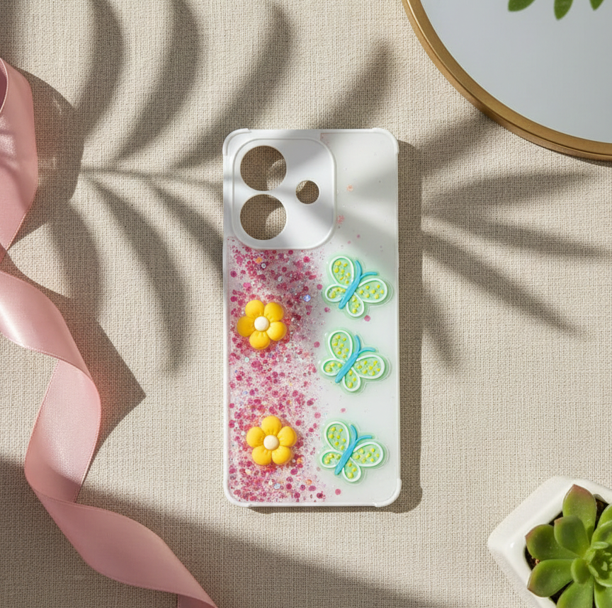 Oppo A5i Kawaii Glitter 3D Charm Phone Case - Butterfly & Fruit Design