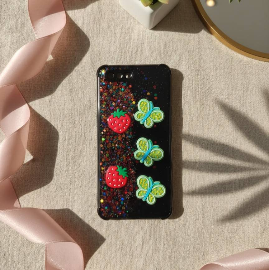 Kawaii Glitter Phone Case for Oppo A3s - 3D Butterfly & Fruit Charms