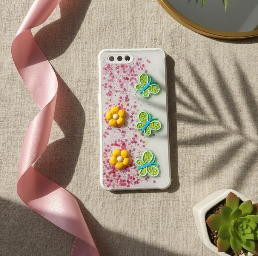 Kawaii Glitter Phone Case for Oppo A3s - 3D Butterfly & Fruit Charms