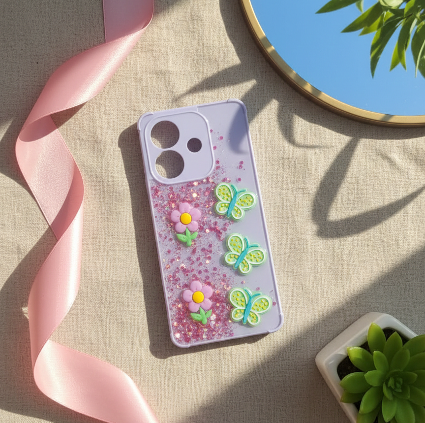 Oppo A5i Kawaii Glitter 3D Charm Phone Case - Butterfly & Fruit Design