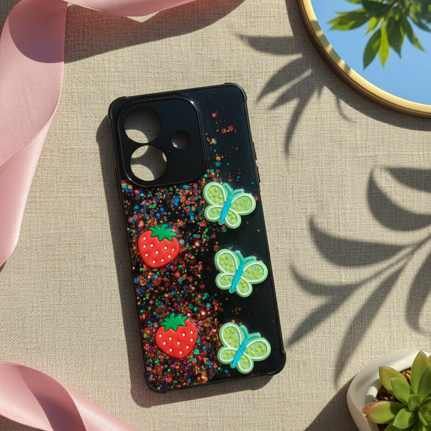 Oppo A5i Kawaii Glitter 3D Charm Phone Case - Butterfly & Fruit Design