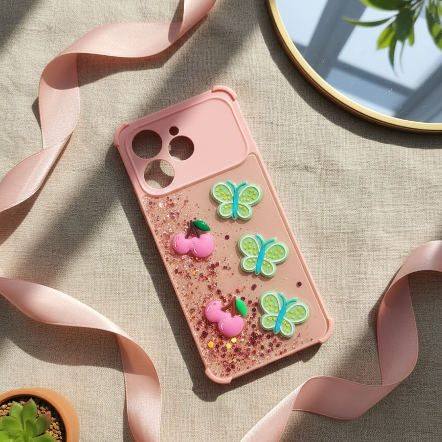Pink phone case with butterfly and cherry designs on a textured surface with a pink ribbon.
