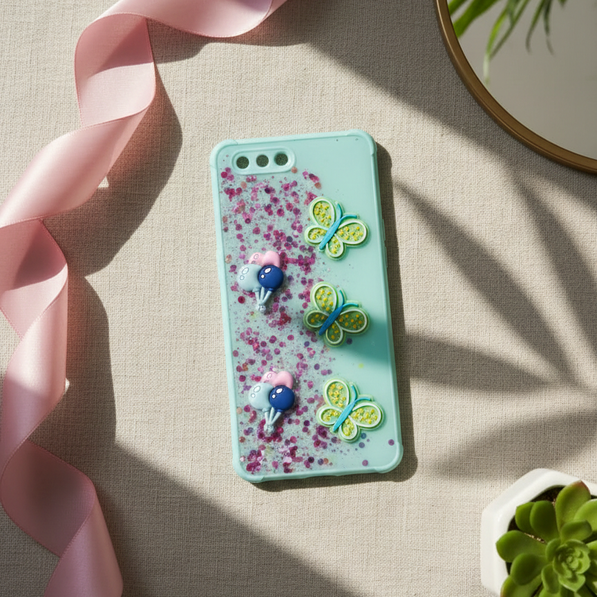 Kawaii Glitter Phone Case for Oppo A3s - 3D Butterfly & Fruit Charms