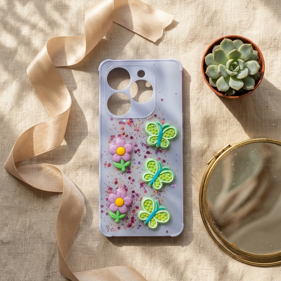 Itel P55 Butterfly & Flower Phone Case - Glitter Purple