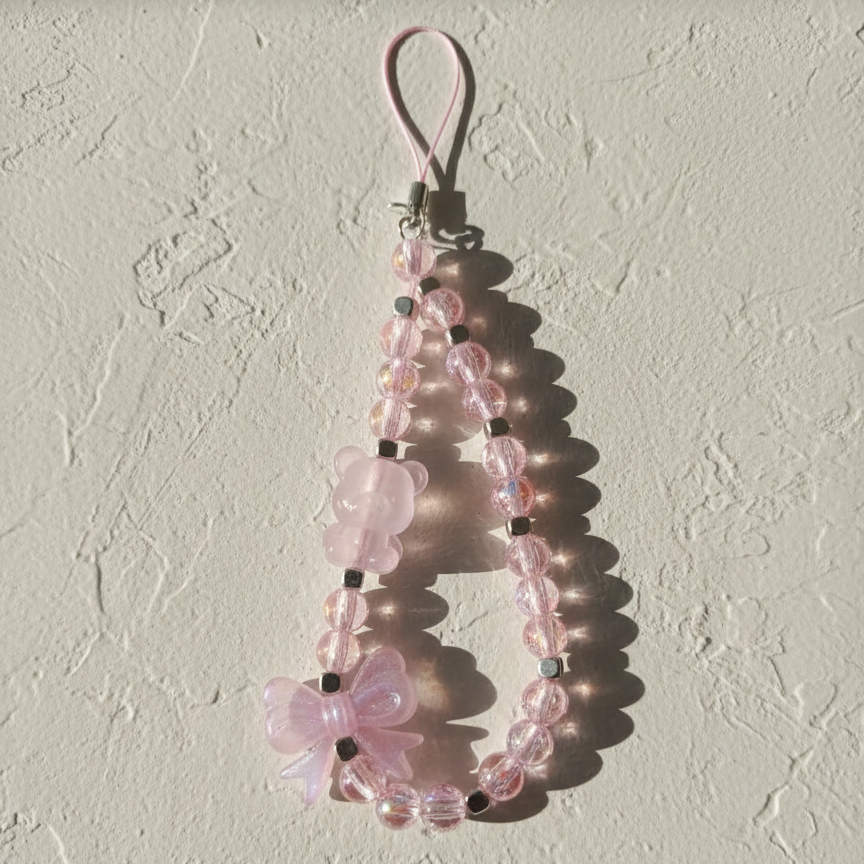 Kawaii Beaded Phone Chain with Bear & Bow Charms