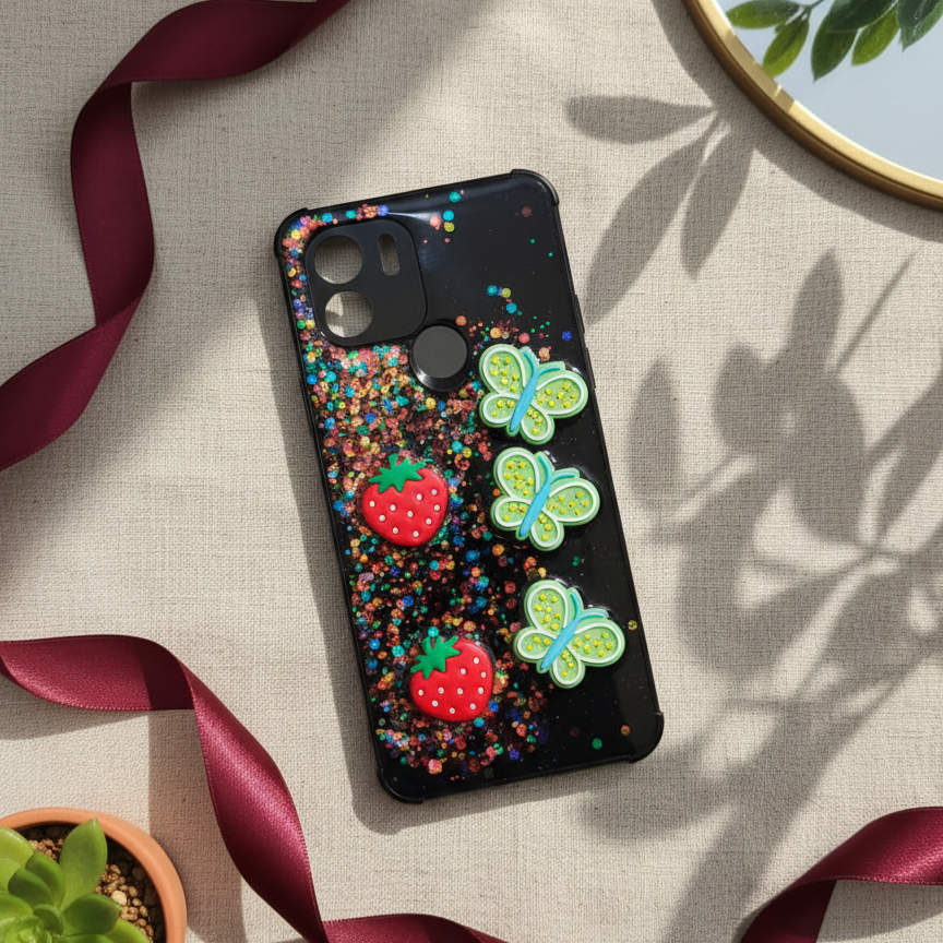 Infinix Hot 60 Glitter Phone Case - Kawaii Butterfly & Fruit Design