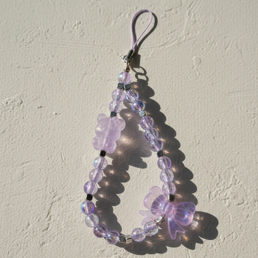 Kawaii Beaded Phone Chain with Bear & Bow Charms