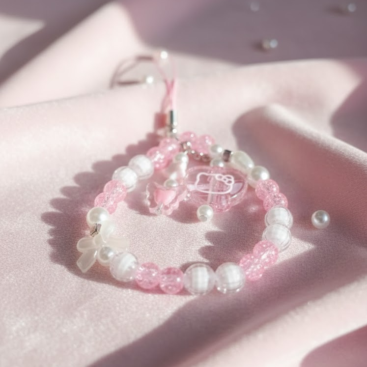 Pearl & Pink Crystal Phone Chain Strap - Kawaii Beaded Lanyard
