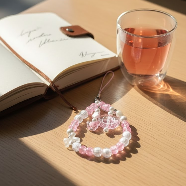 Pearl & Pink Crystal Phone Chain Strap - Kawaii Beaded Lanyard